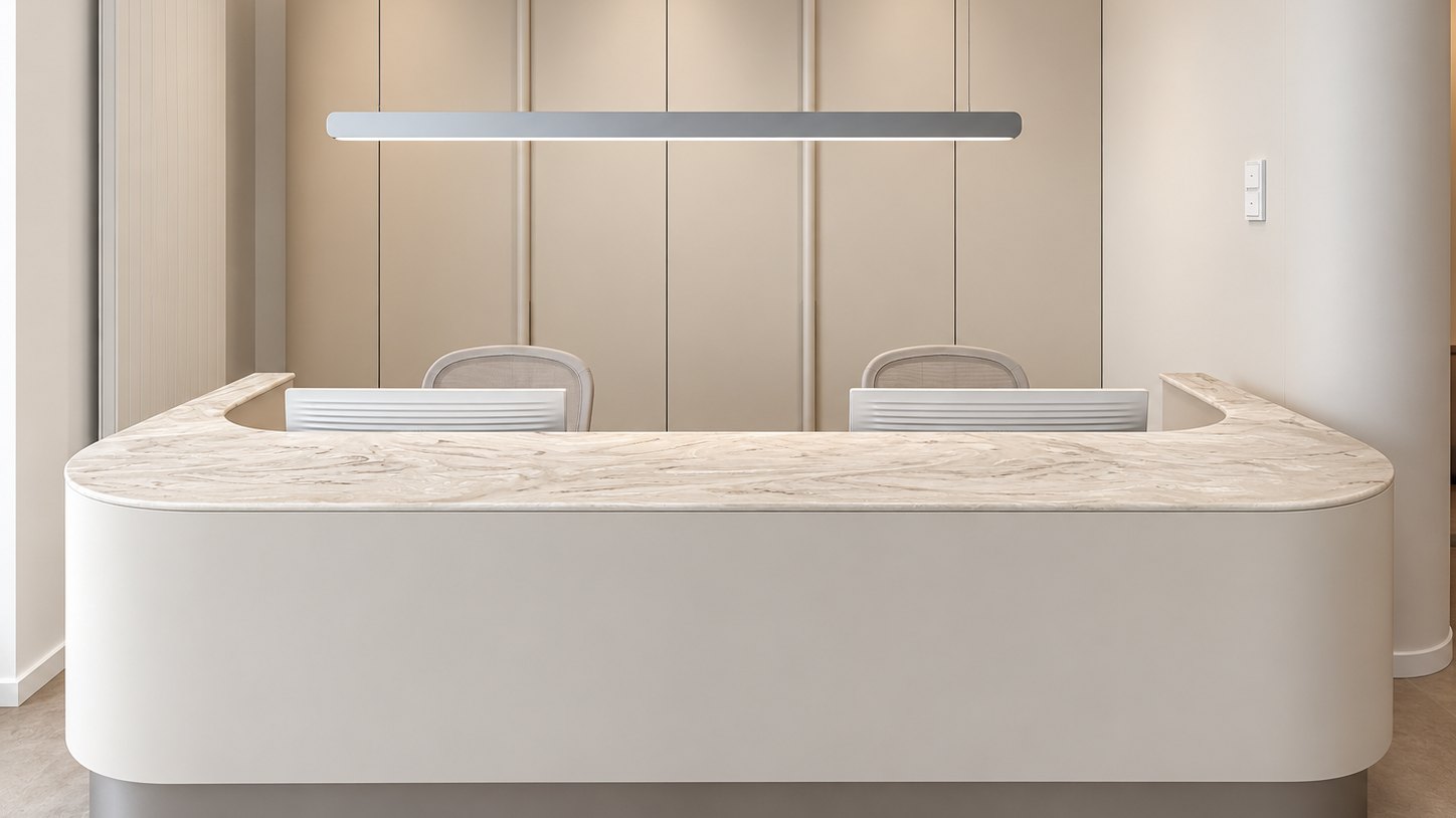 Reception desk of the dental practice Zahnärzte Haidhausen in warm, light tones