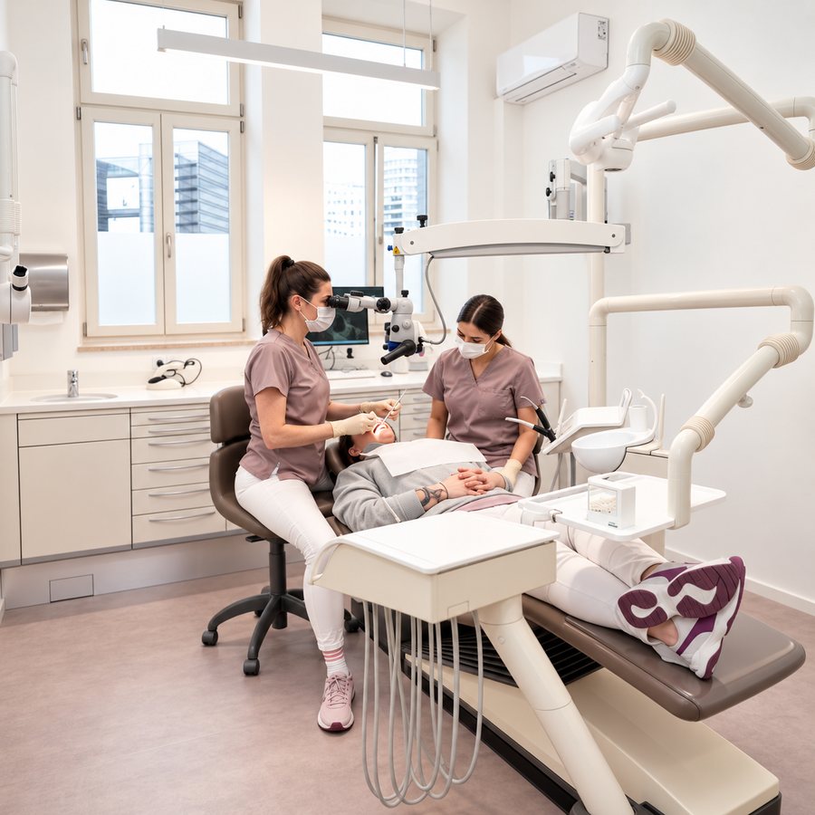 Treatment room with microscope and air conditioning unit